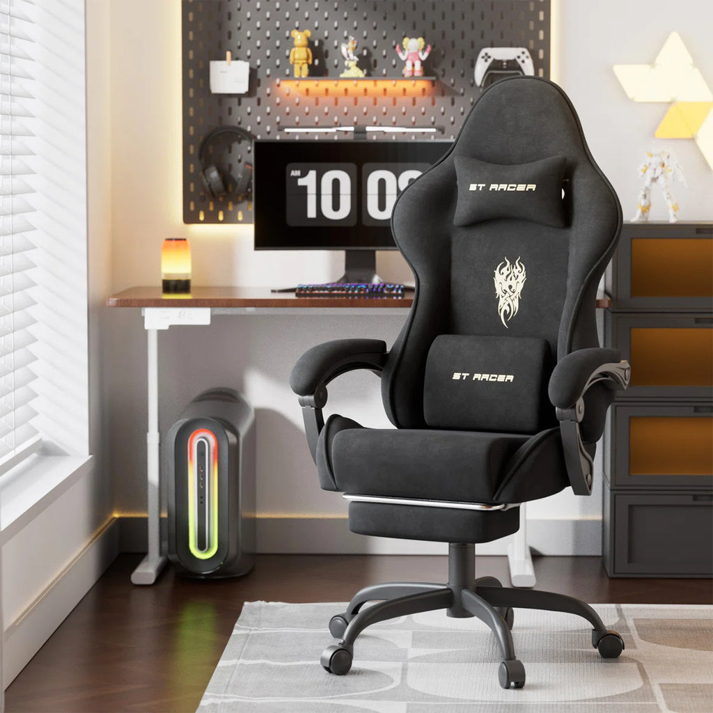 Velvet Fabric Gaming Chair with Footrest High Back Ergonomic Gamer Chair with Headrest