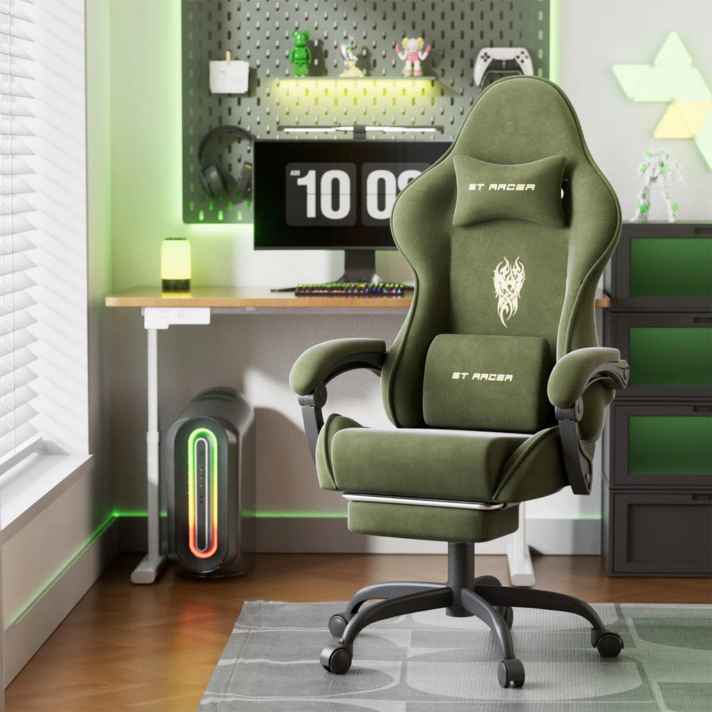 Velvet Fabric Gaming Chair with Footrest High Back Ergonomic Gamer Chair with Headrest and Massage, Green