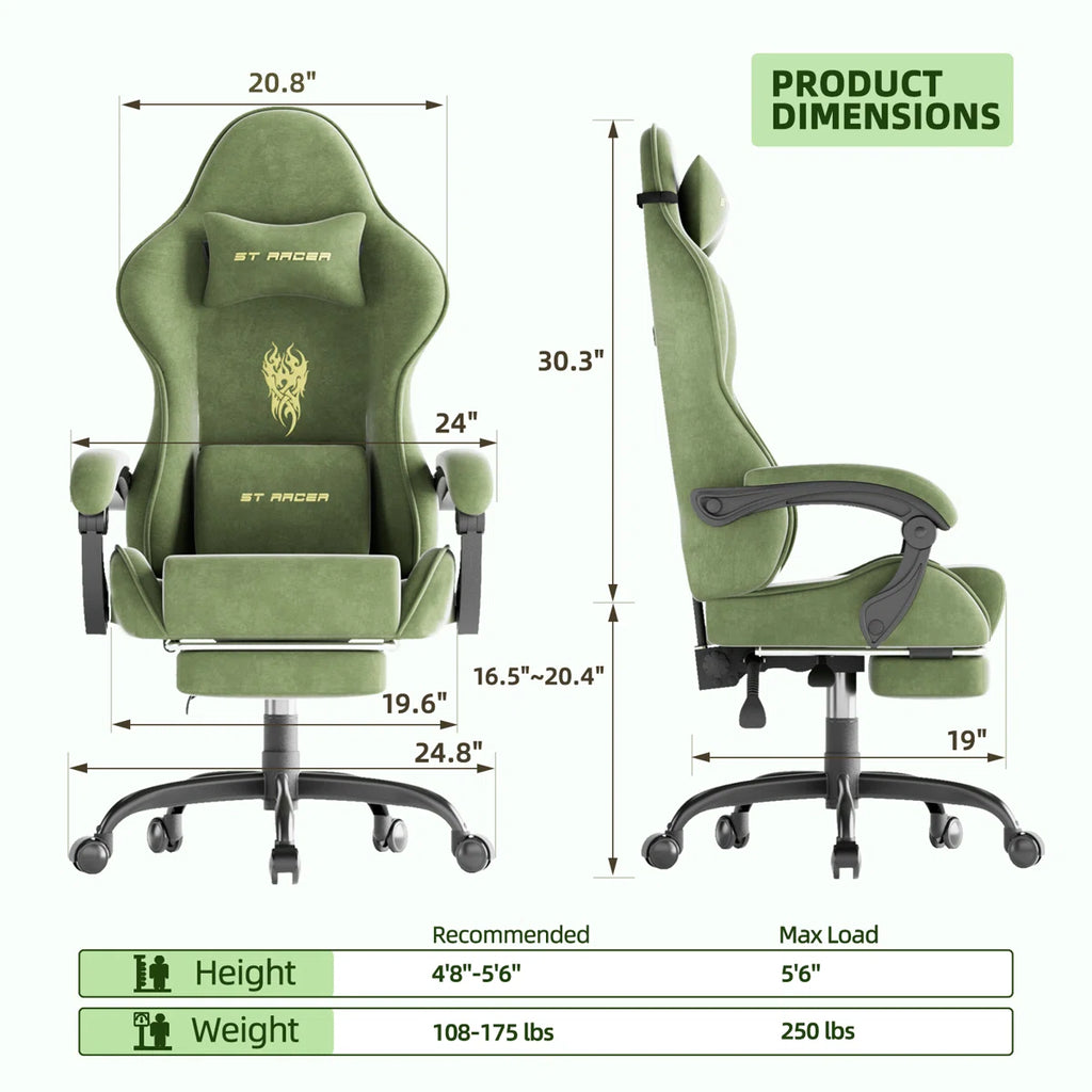 Velvet Fabric Gaming Chair with Footrest High Back Ergonomic Gamer Chair with Headrest and Massage, Green