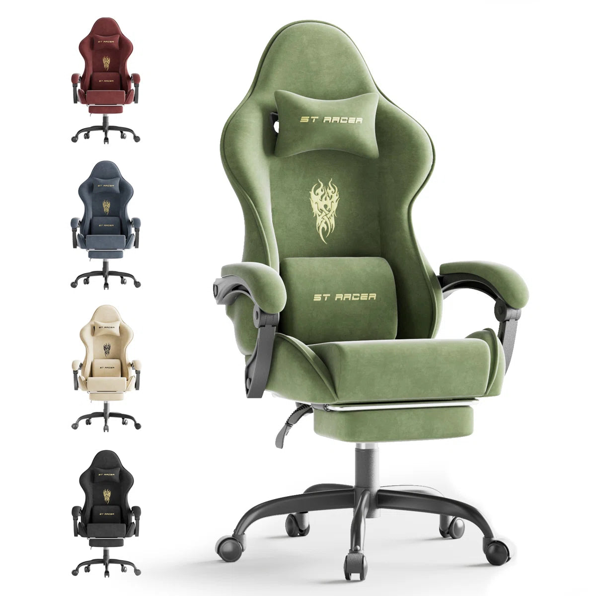 Velvet Fabric Gaming Chair with Footrest High Back Ergonomic Gamer Chair with Headrest and Massage, Green