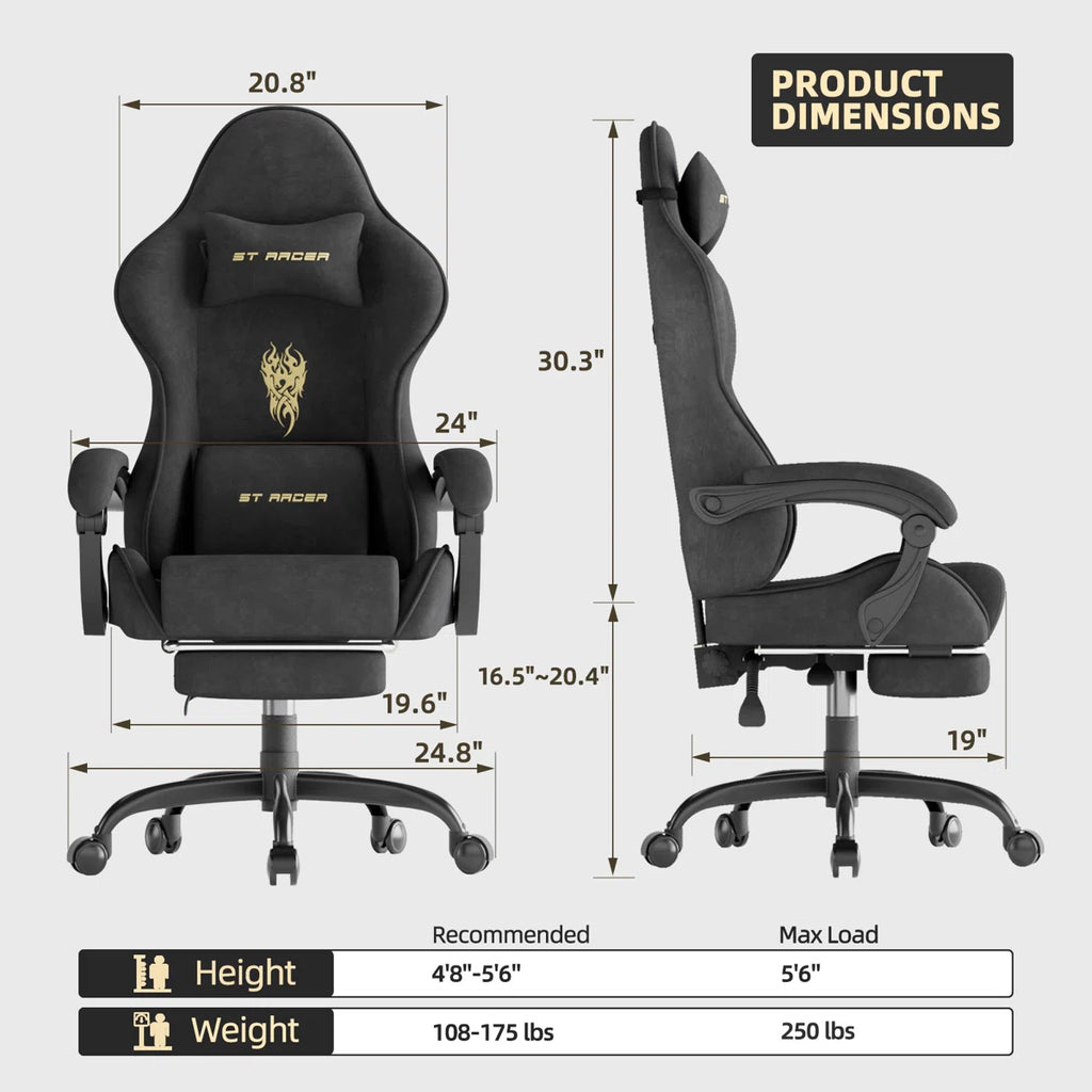 Velvet Fabric Gaming Chair with Footrest High Back Ergonomic Gamer Chair with Headrest