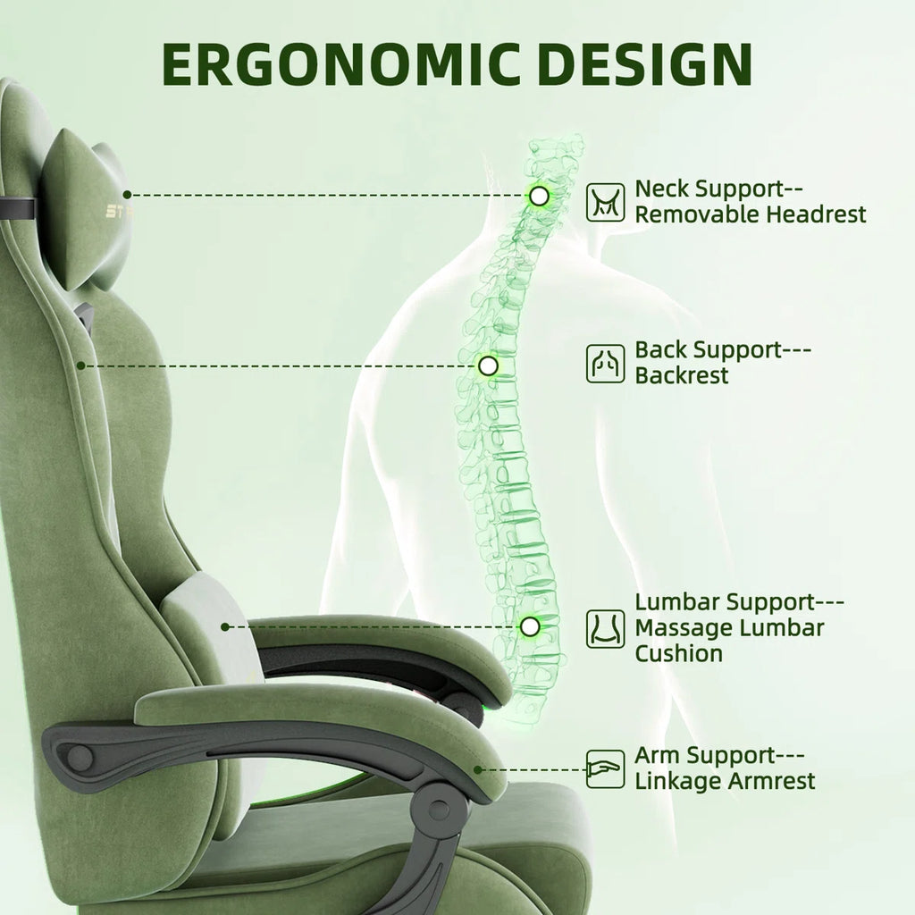 Velvet Fabric Gaming Chair with Footrest High Back Ergonomic Gamer Chair with Headrest and Massage, Green