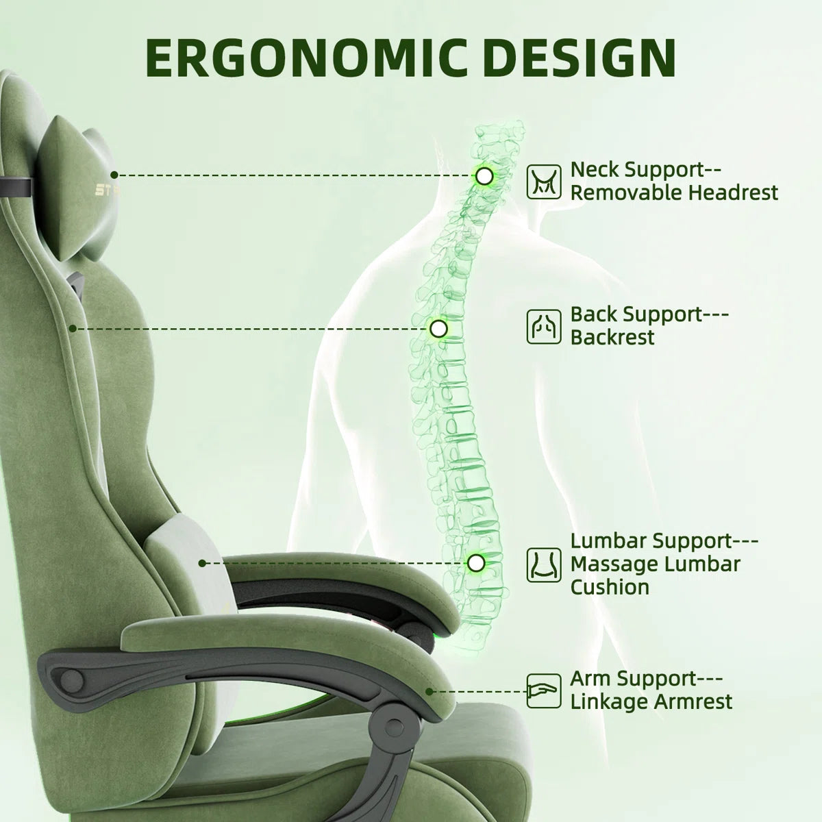 Velvet Fabric Gaming Chair with Footrest High Back Ergonomic Gamer Chair with Headrest and Massage, Green